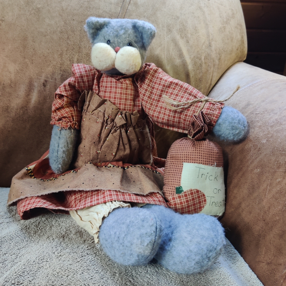 80s Witch Kitty Country Primitive Halloween Rag Doll Cat VTG Pumpkin Handmade